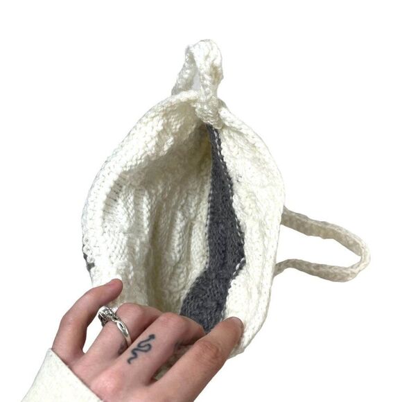 Handmade Crochet Knit Purse Button Closure White & Gray Striped Bag Boho Y2K - Picture 2 of 5